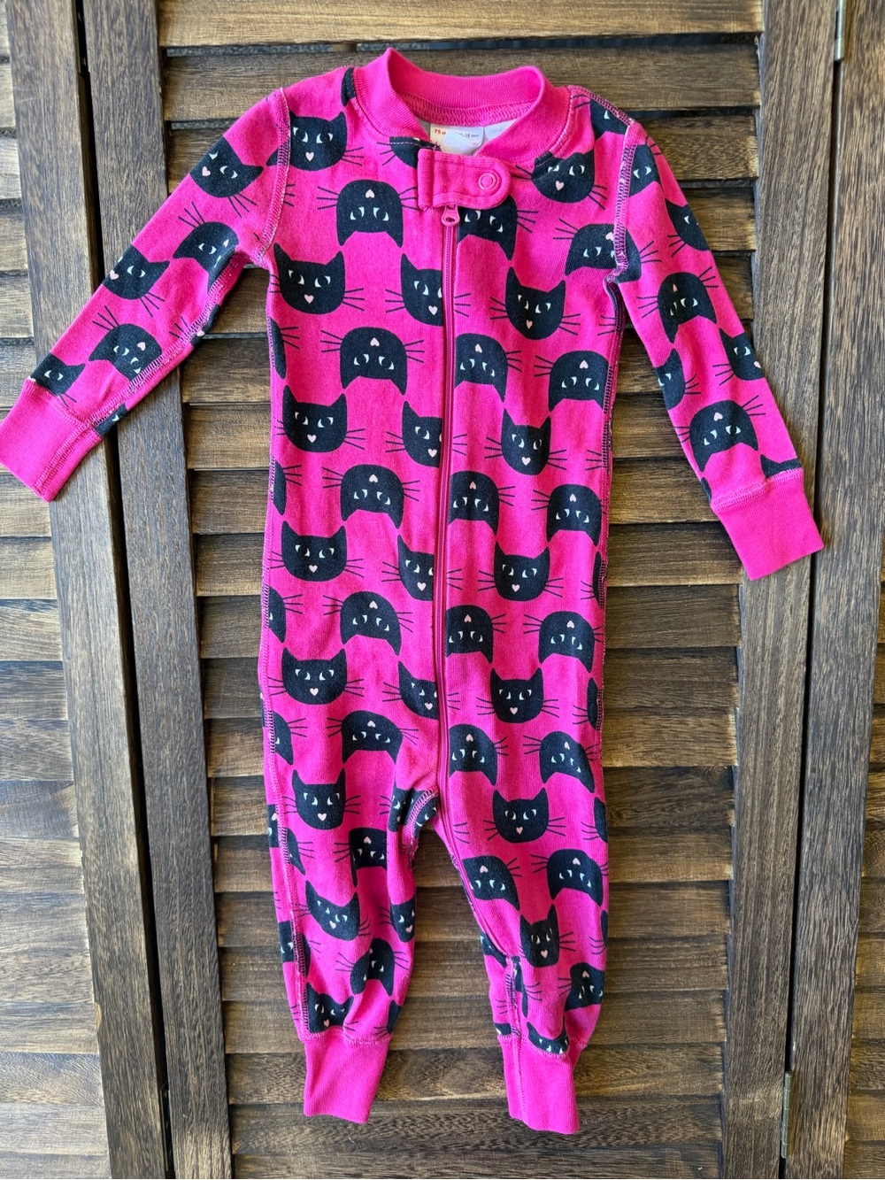 Hanna Andersson Hot Black Pink Cat-Print Zip-Up Pajamas 12-18 Months 75 CM
